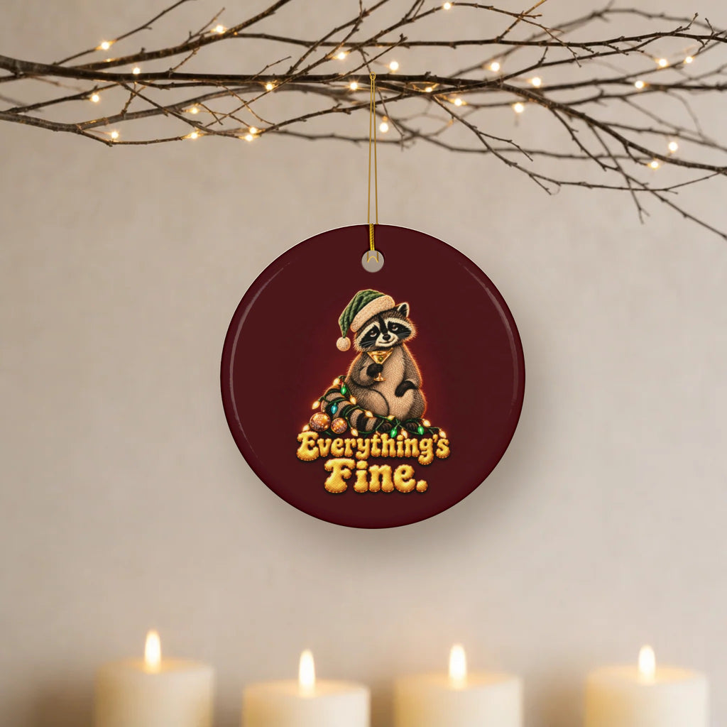Everything's Fine raccoon ceramic Christmas ornament hanging from lit twigs with candles