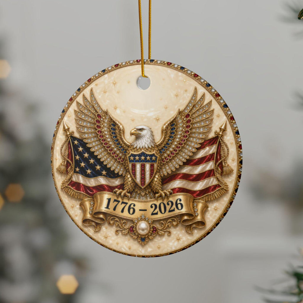 Ivory America 250 jeweled eagle ornament hanging on a Christmas tree