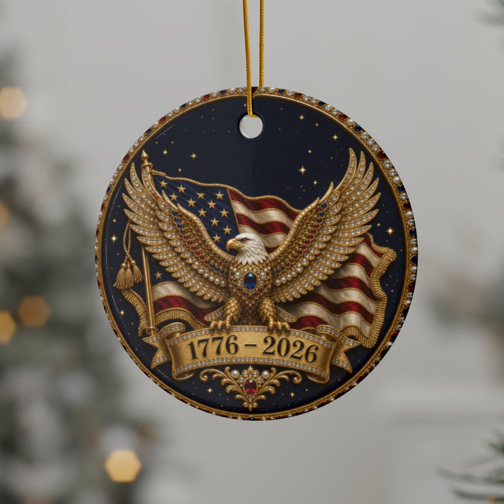 Navy America 250 jeweled eagle ornament hanging on a Christmas tree
