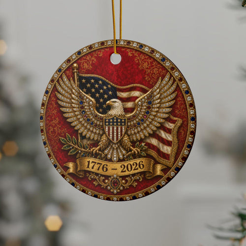 Garnet America 250 jeweled eagle ornament hanging on a Christmas tree