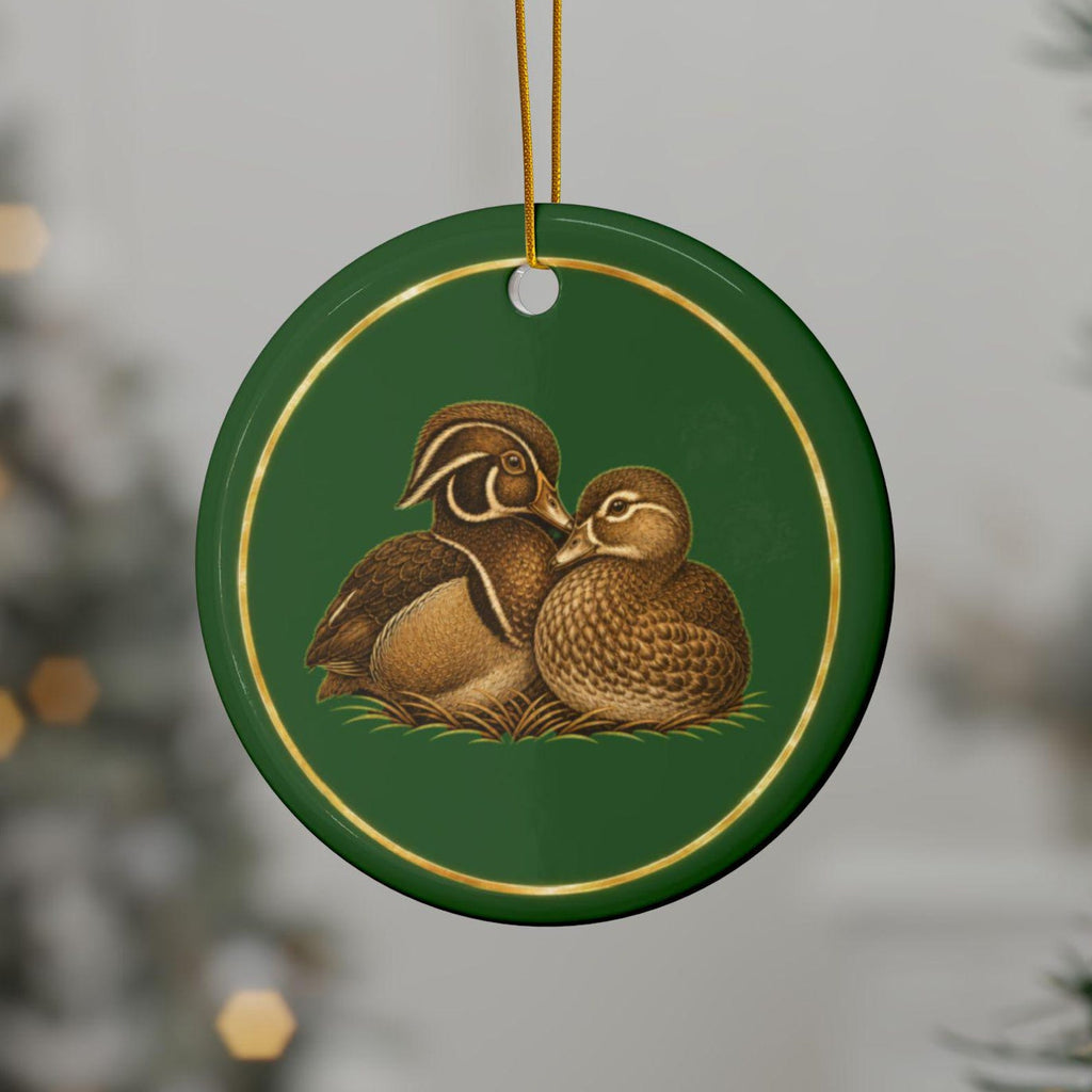 Wood Duck Ornament, Woodland Creatures Christmas Ornament, green and gold ceramic