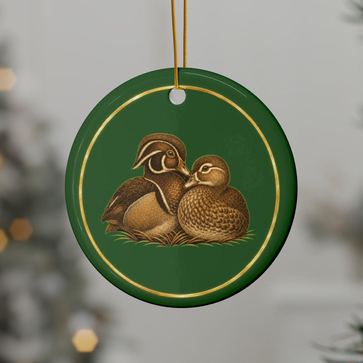 Wood Duck Ornament, Woodland Creatures Christmas Ornament, green and gold ceramic