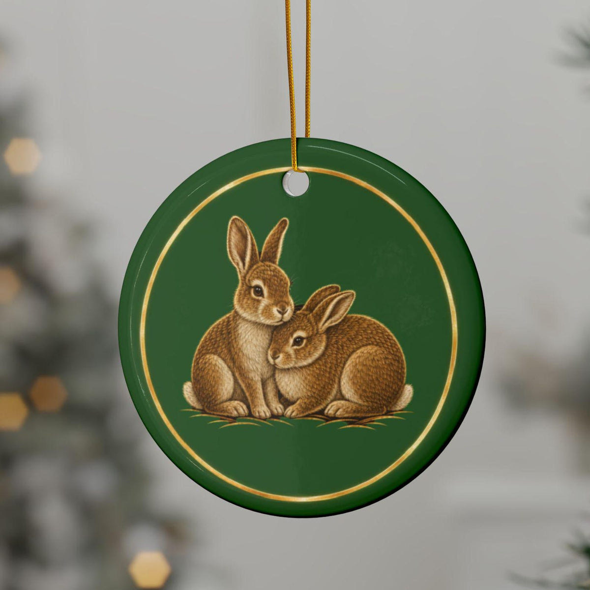 Rabbits Ornament, Woodland Creatures Christmas Ornament, close-up on the tree