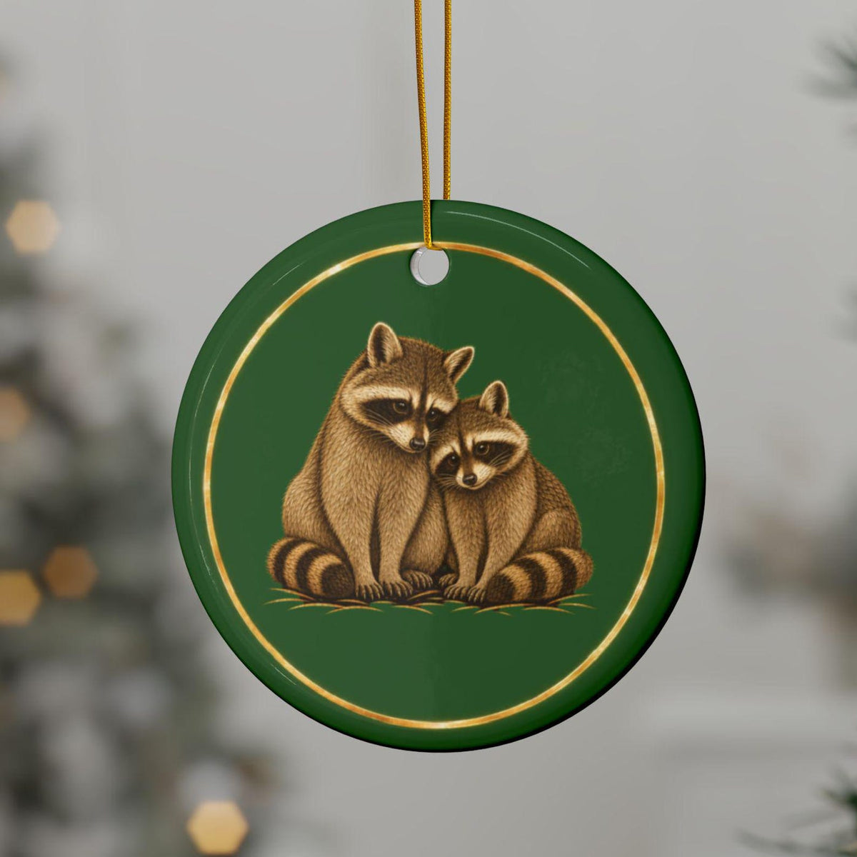 Raccoons Ornament, Woodland Creatures Christmas Ornament, close-up on the tree