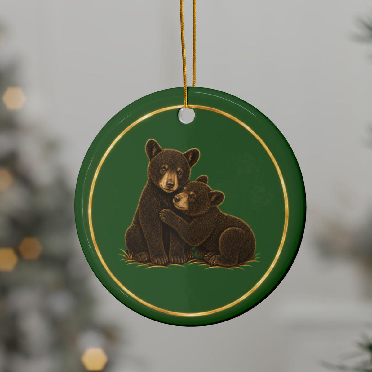 Bear Cubs Ornament, Woodland Creatures Christmas Ornament, green and gold ceramic