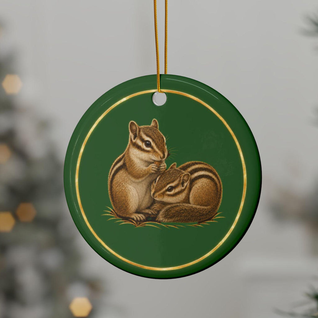 Chipmunks Ornament, Woodland Creatures Christmas Ornament, close-up on the tree