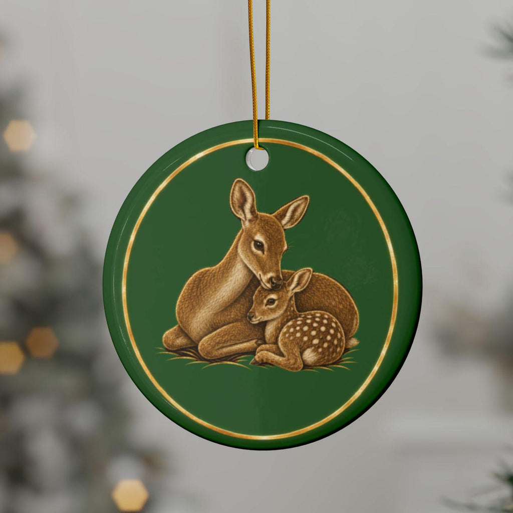 Doe and Fawn Ornament, Woodland Creatures Christmas Ornament, green and gold ceramic