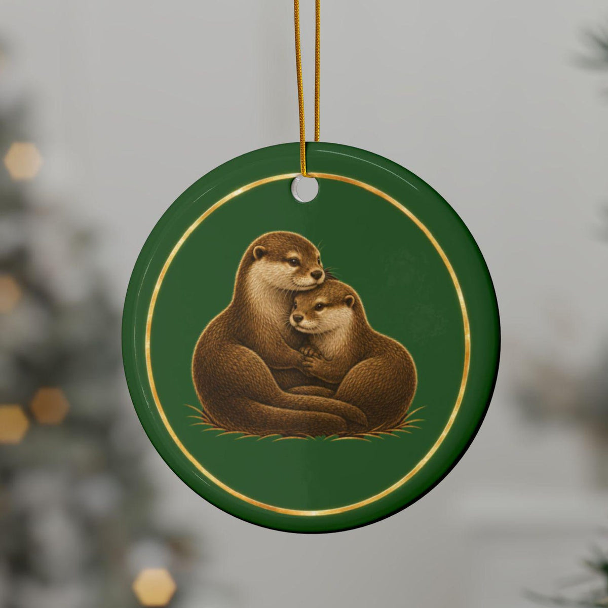 Otters Ornament, Woodland Creatures Christmas Ornament, green and gold ceramic