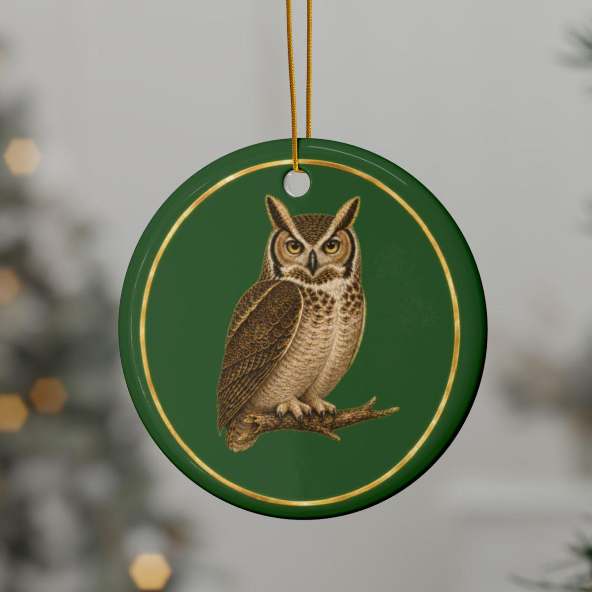 Owl Ornament, Woodland Creatures Christmas Ornament, green and gold ceramic