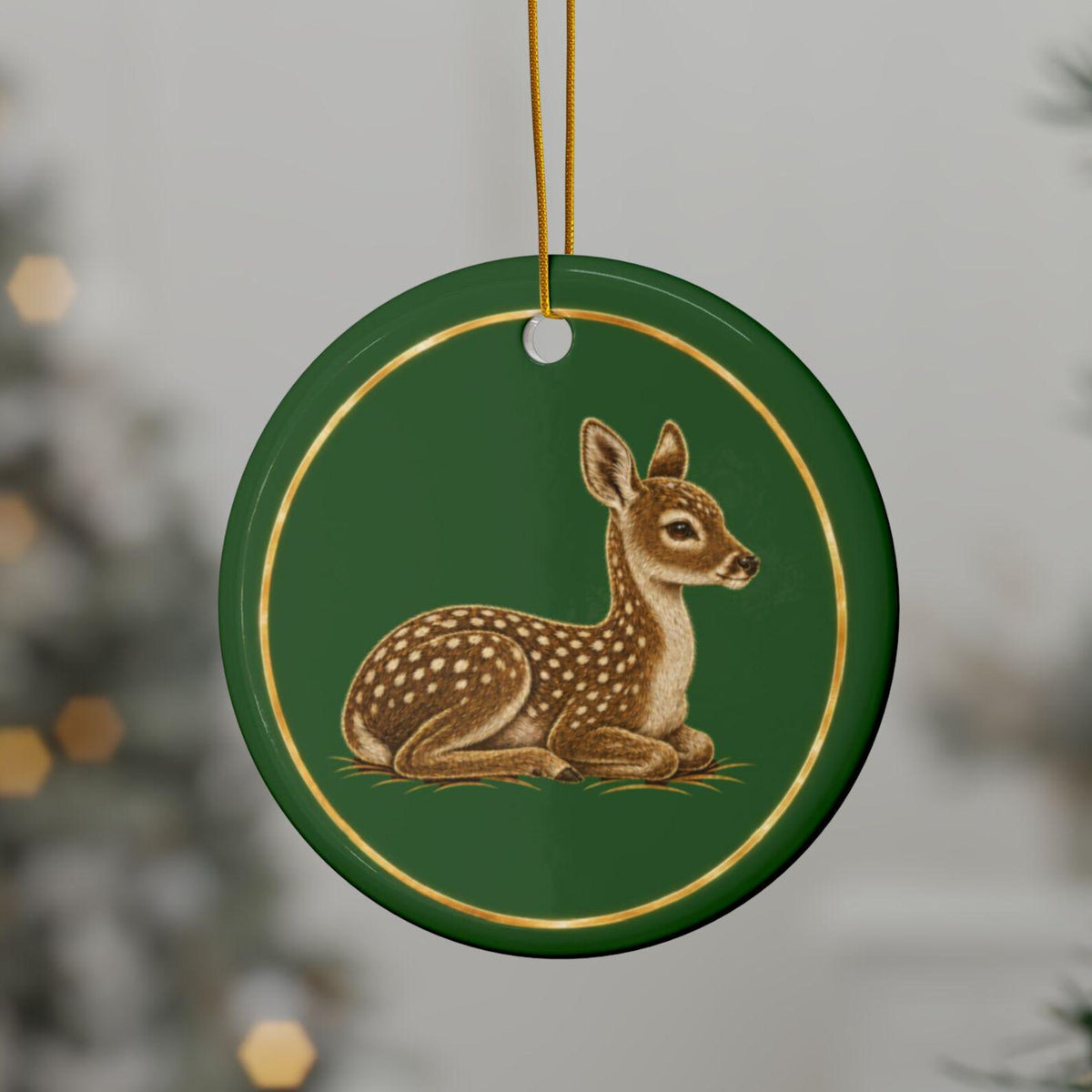 Fawn Ornament, Woodland Creatures Christmas Ornament, green and gold ceramic
