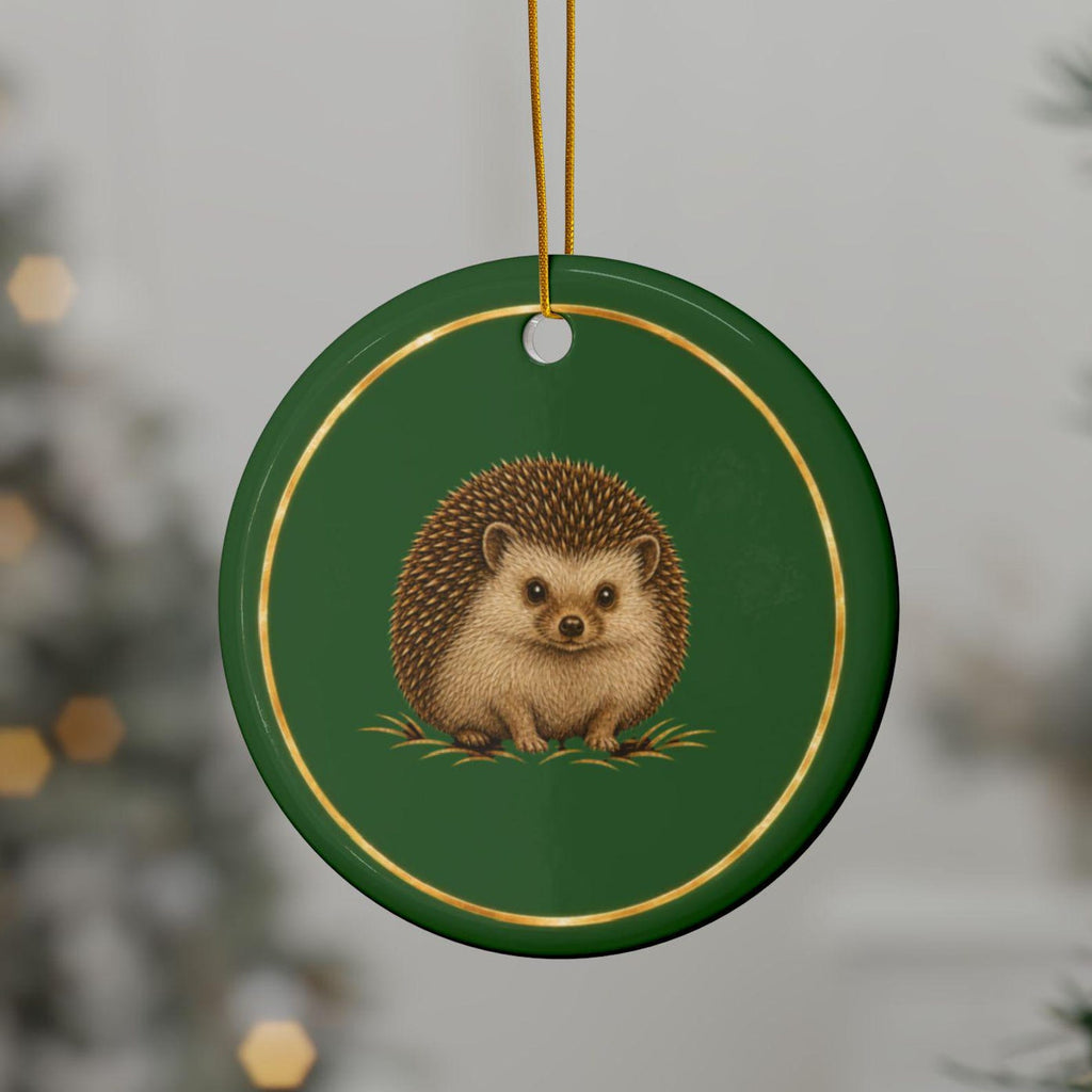 Hedgehog Ornament, Woodland Creatures Christmas Ornament, green and gold ceramic