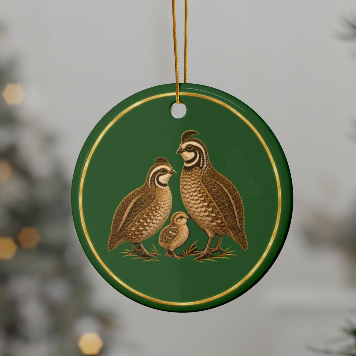 Quail Ornament, Woodland Creatures Christmas Ornament, close-up on the tree