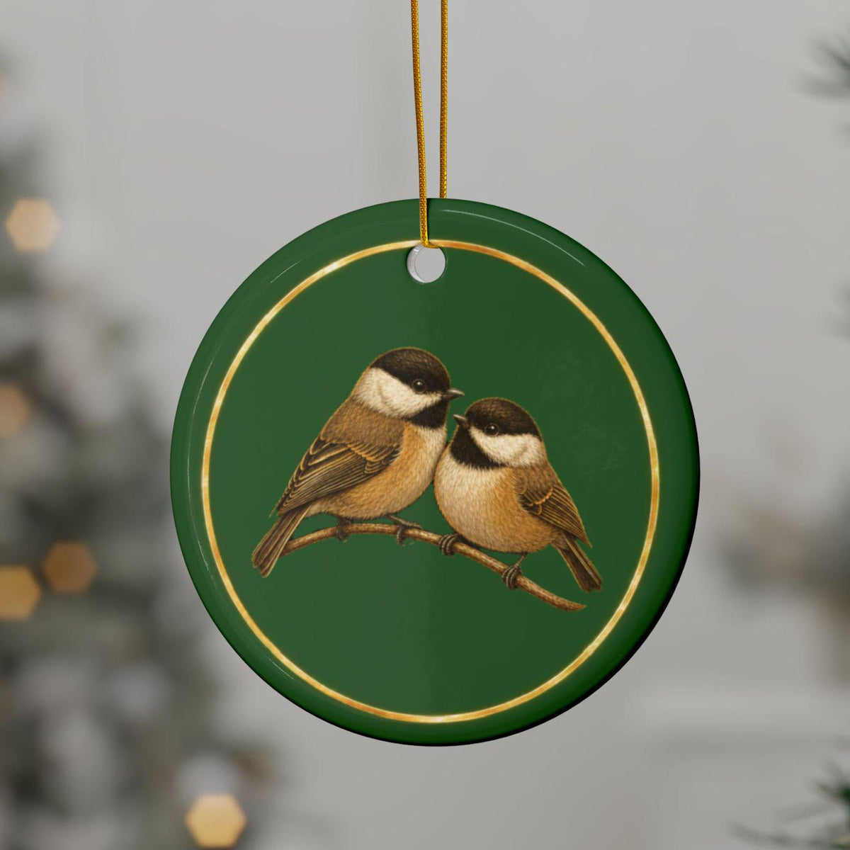 Chickadees Ornament, Woodland Creatures Christmas Ornament, green and gold ceramic