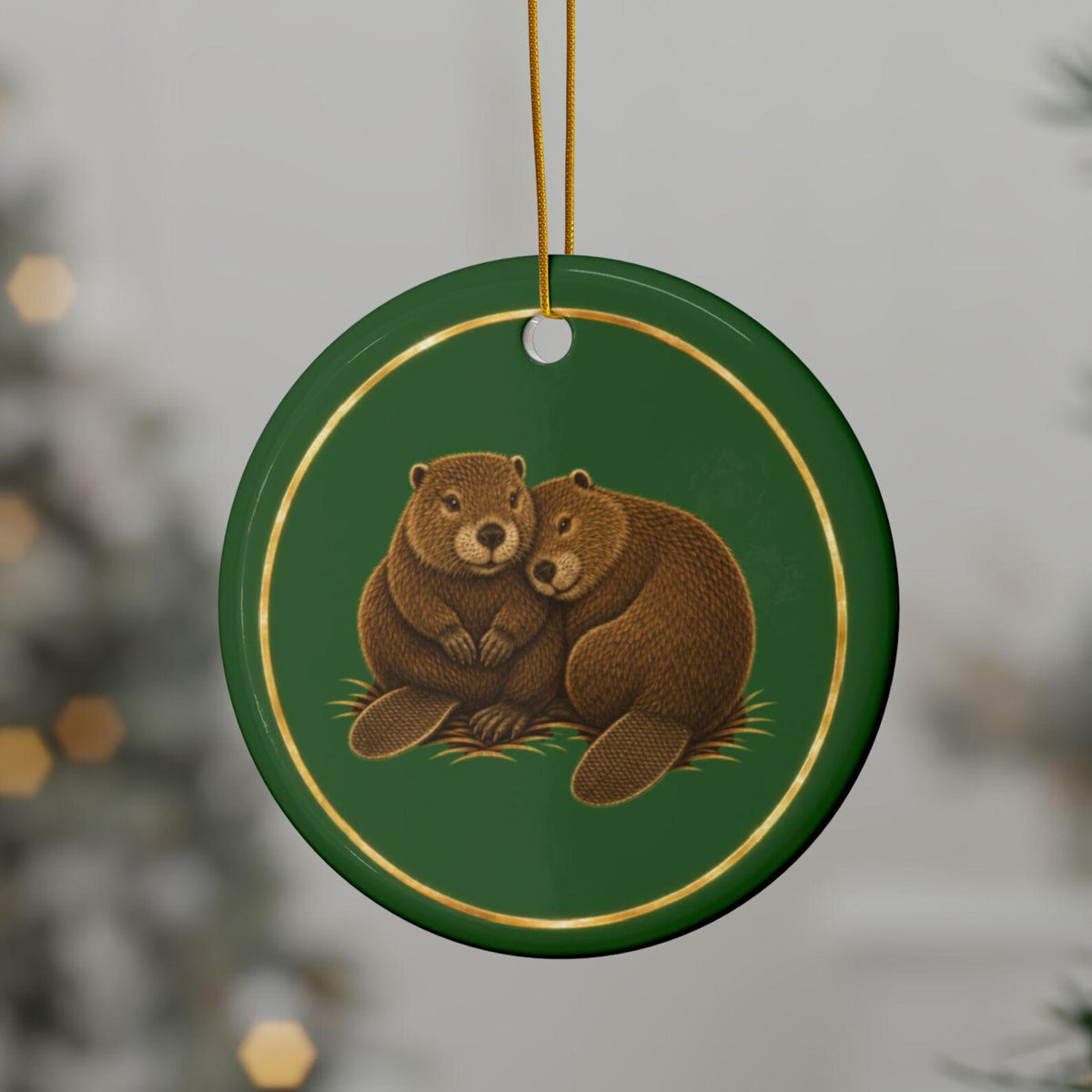 Beavers Ornament, Woodland Creatures Christmas Ornament, green and gold ceramic