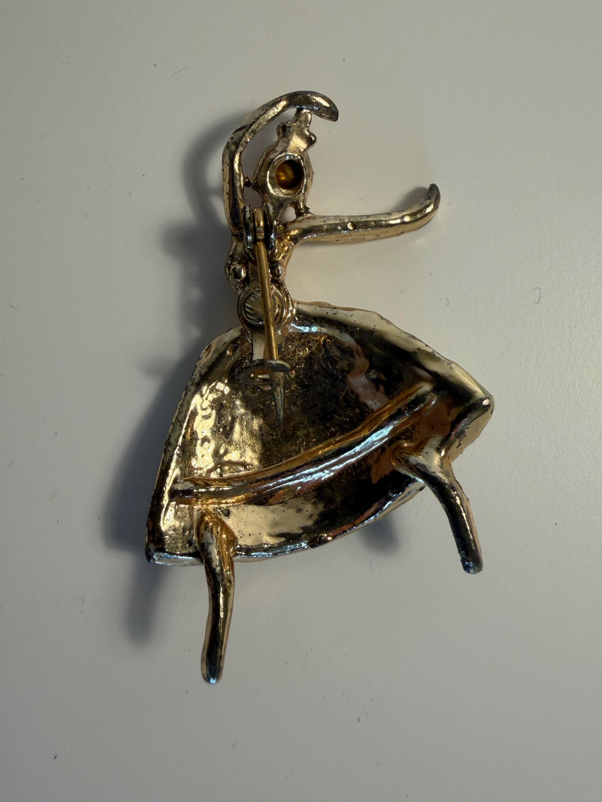 Vintage Ballerina Brooch, Green Enamel, Faux Pearl & Rhinestone Dancer Pin