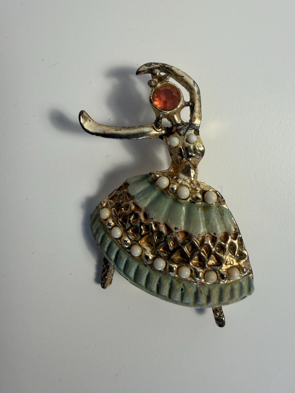 Vintage green enamel ballerina brooch with faux pearls and rhinestones