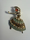 Vintage green enamel ballerina brooch with faux pearls and rhinestones