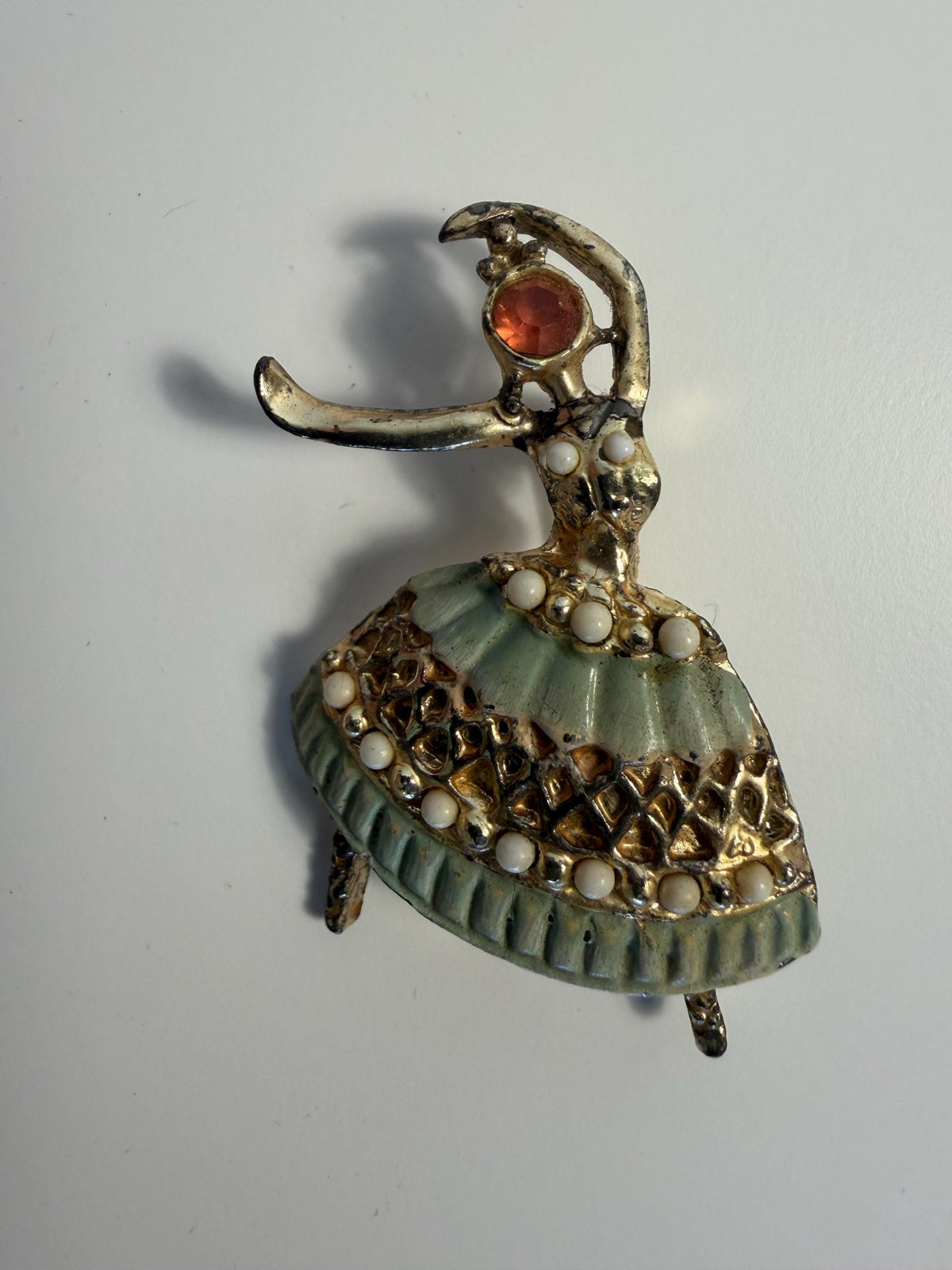 Vintage green enamel ballerina brooch with faux pearls and rhinestones