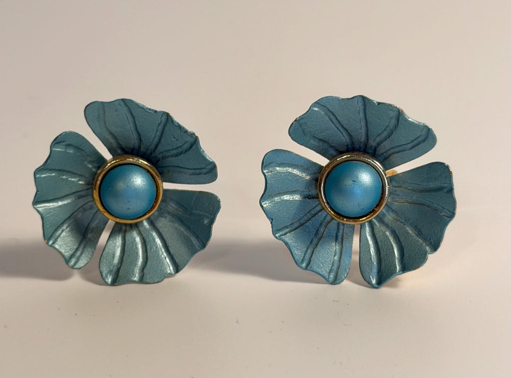 Vintage Blue Enamel Flower Clip-On Earrings, Mid-Century Retro Floral