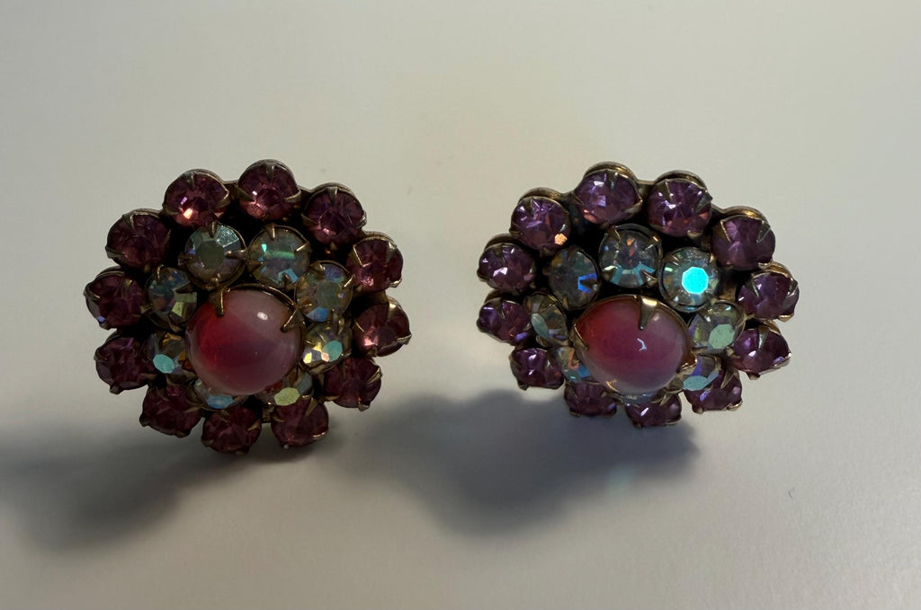 Vintage Signed Weiss Pink Rhinestone Clip-On Earrings, Aurora Borealis