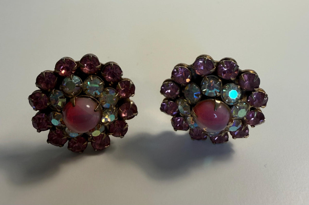 Vintage Signed Weiss Pink Rhinestone Clip-On Earrings, Aurora Borealis