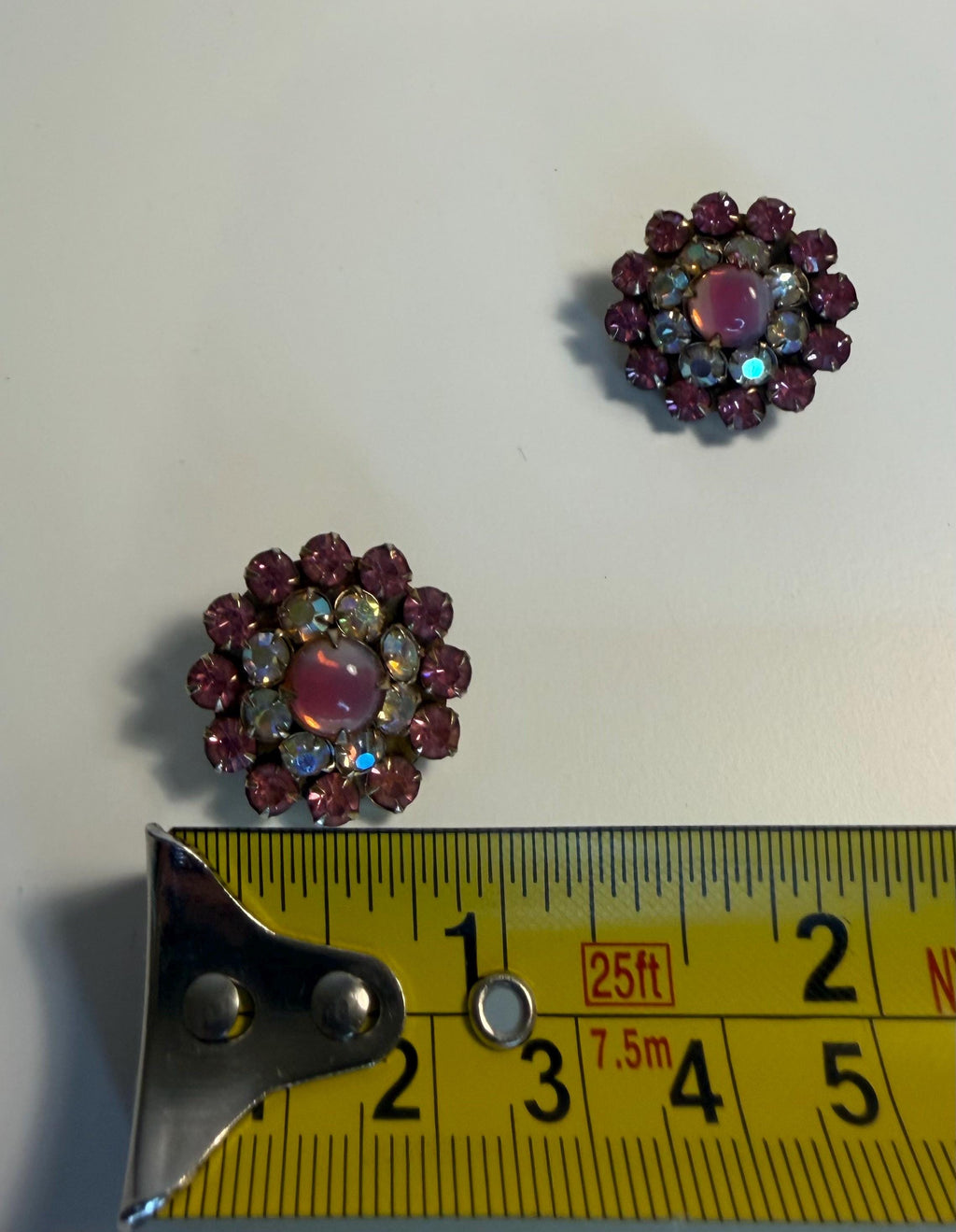 Vintage Signed Weiss Pink Rhinestone Clip-On Earrings, Aurora Borealis