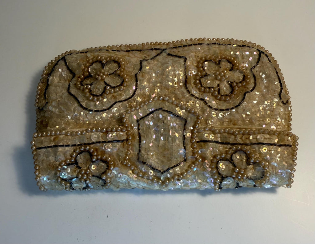 Vintage La Regale Beaded Evening Clutch, Ivory Sequin & Pearl Purse, Made in Japan