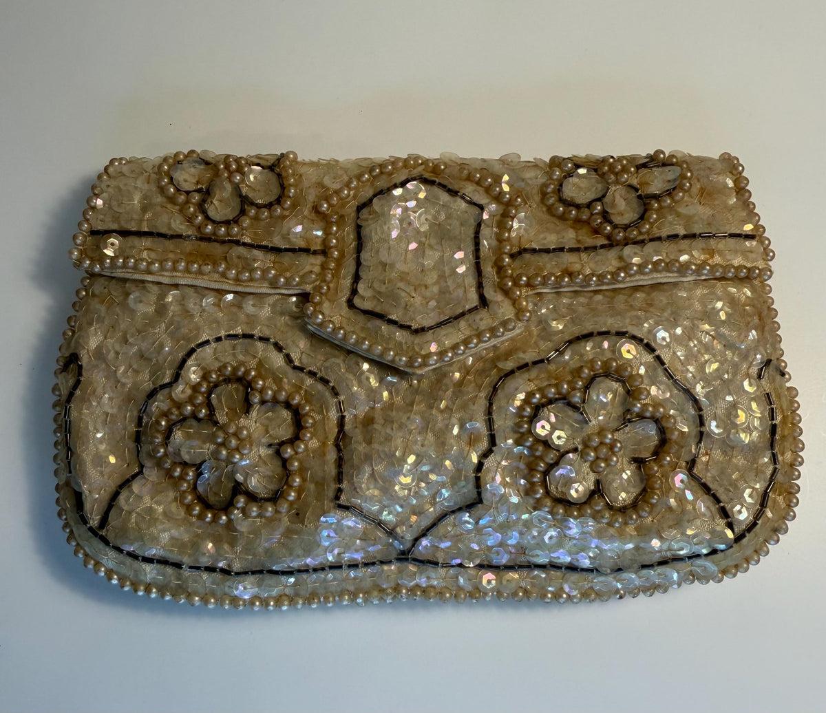 Vintage La Regale Beaded Evening Clutch, Ivory Sequin & Pearl Purse, Made in Japan
