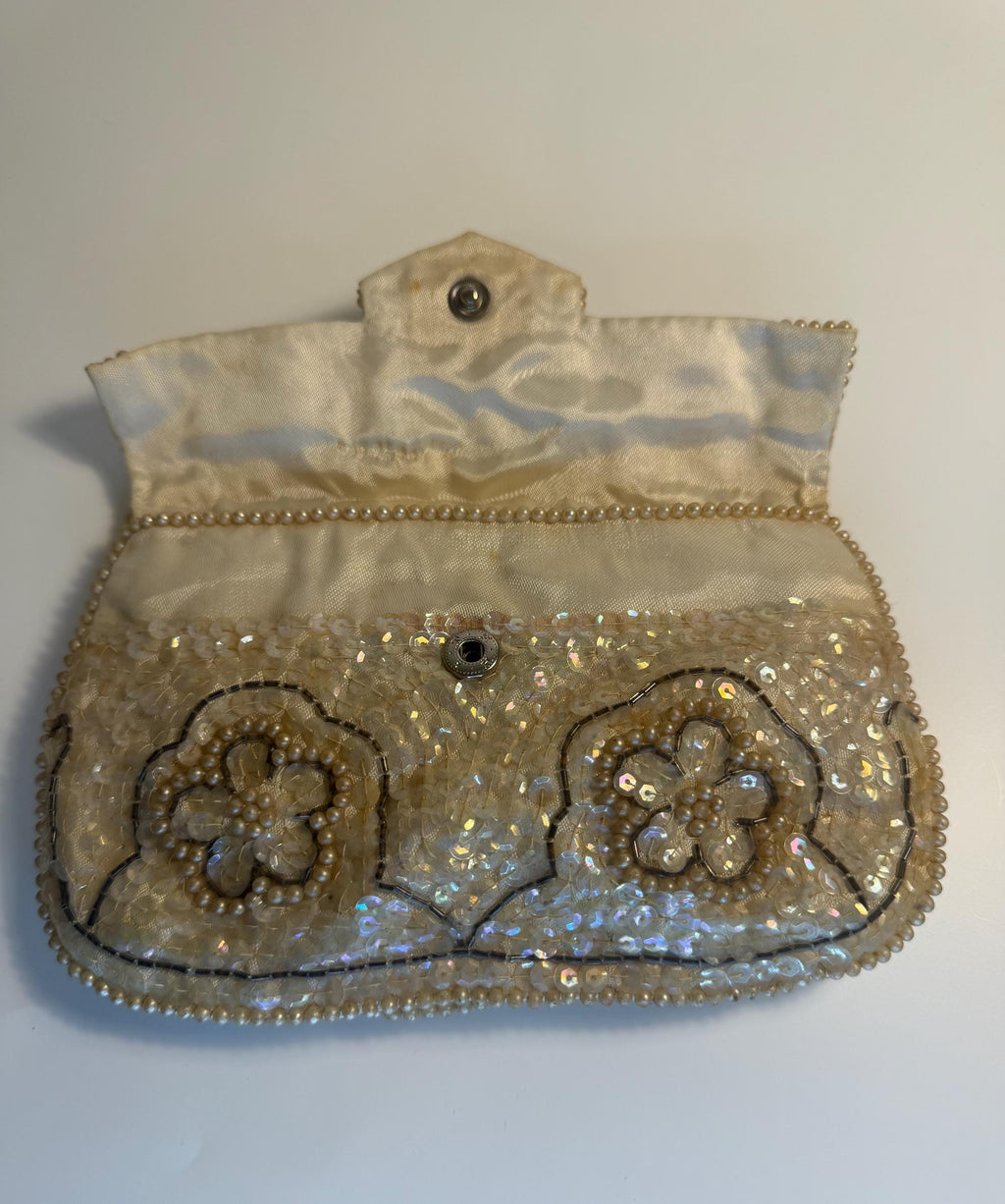 Vintage La Regale Beaded Evening Clutch, Ivory Sequin & Pearl Purse, Made in Japan