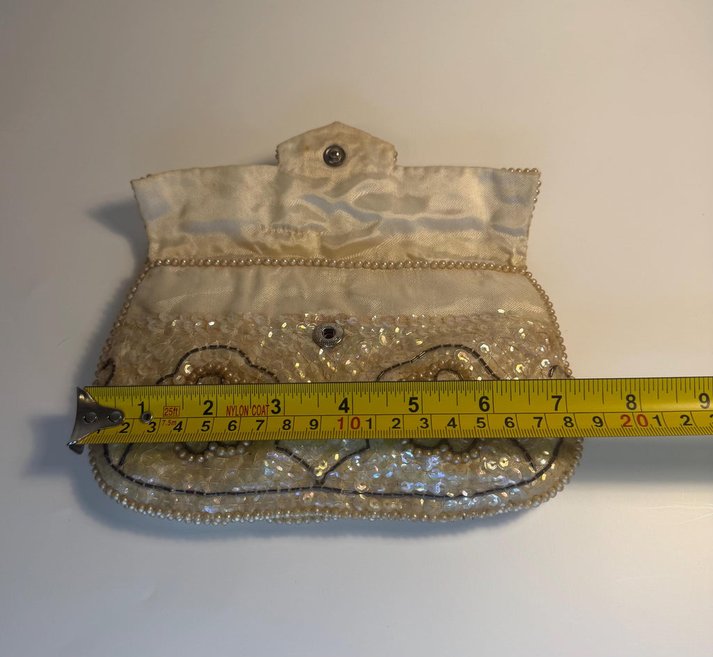 Vintage La Regale Beaded Evening Clutch, Ivory Sequin & Pearl Purse, Made in Japan
