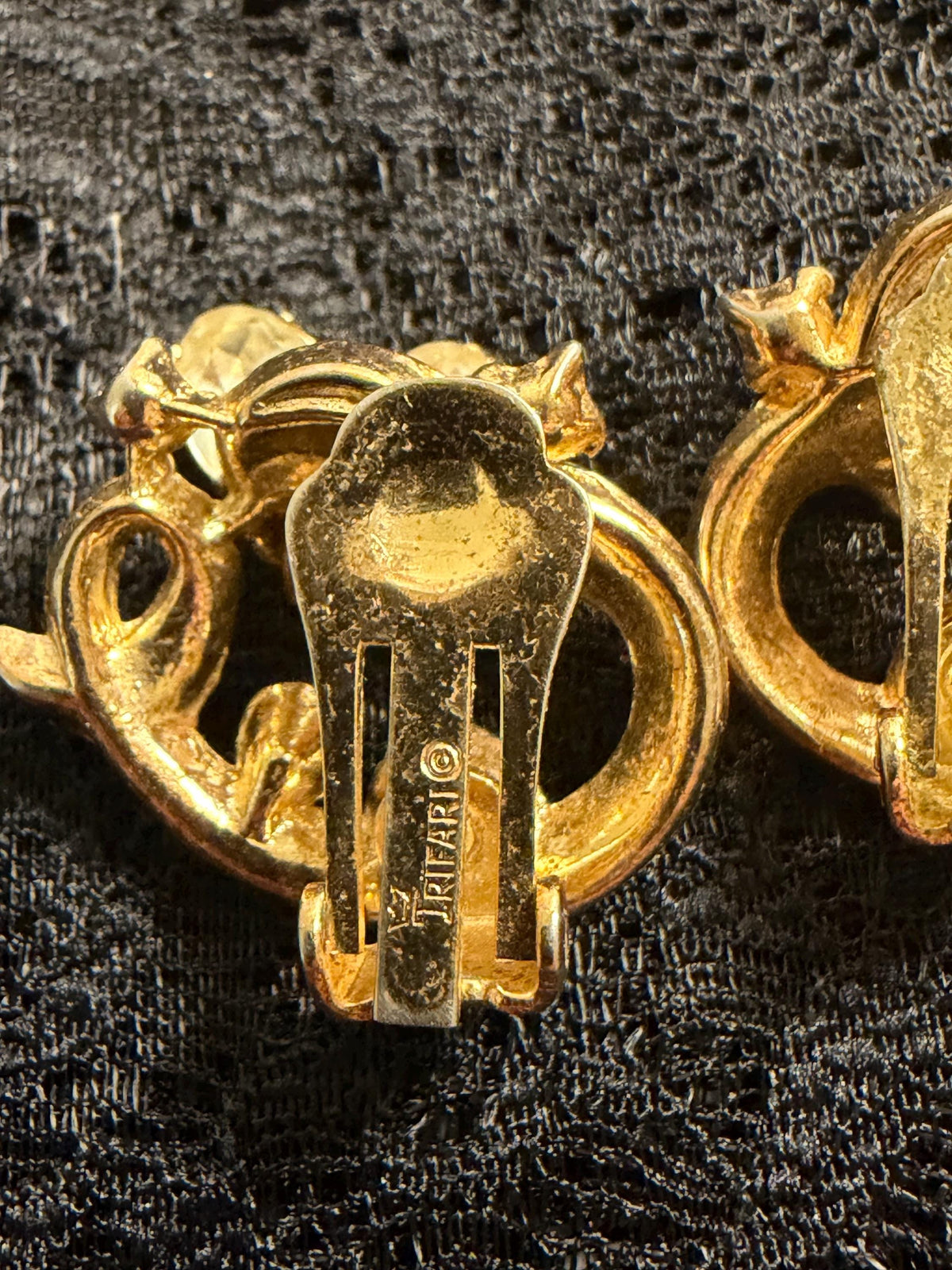 Vintage Signed Tilari Rhinestone Clip-On Earrings, Gold Tone Swirl