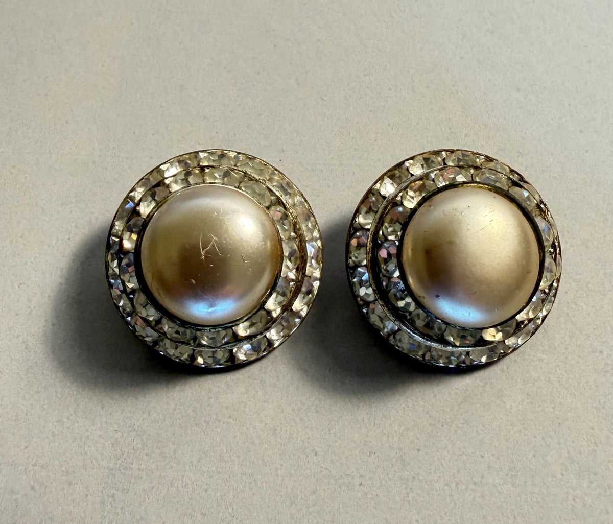 Vintage faux pearl double rhinestone halo clip-on earrings