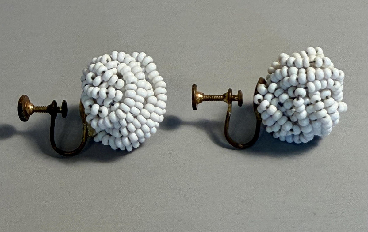 Vintage White Seed Bead Cluster Earrings, Screw-Back Clip-On