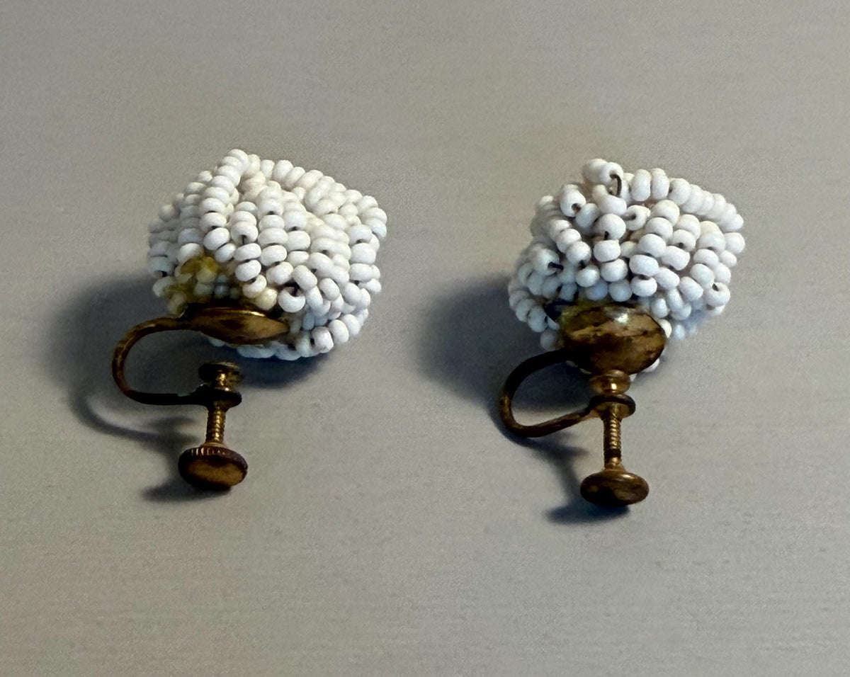Vintage White Seed Bead Cluster Earrings, Screw-Back Clip-On