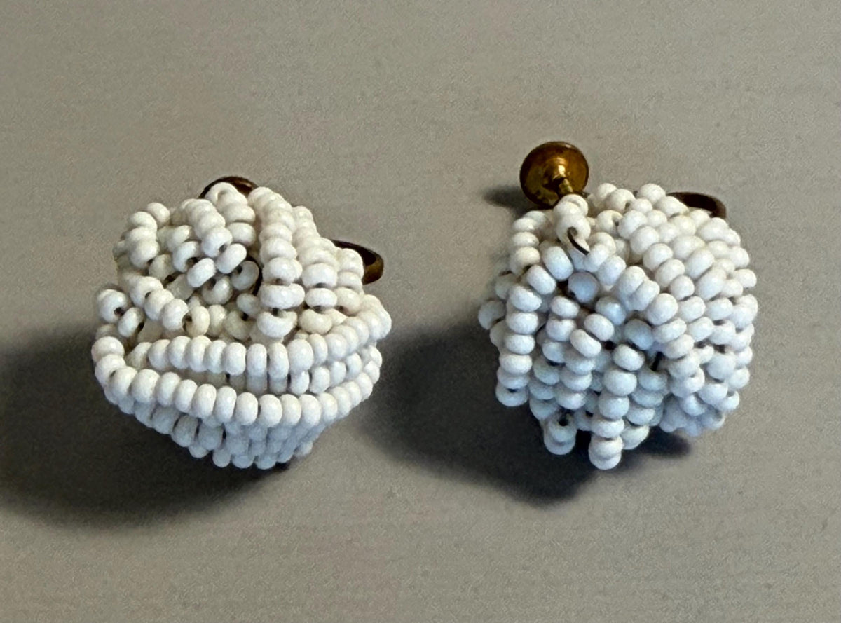 Vintage white seed bead cluster clip-on earrings