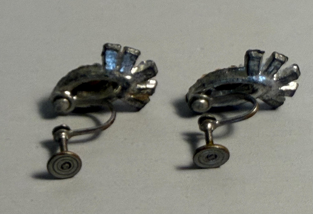 Vintage Art Deco Marquise Fan Rhinestone Screw-Back Earrings, Silver Tone