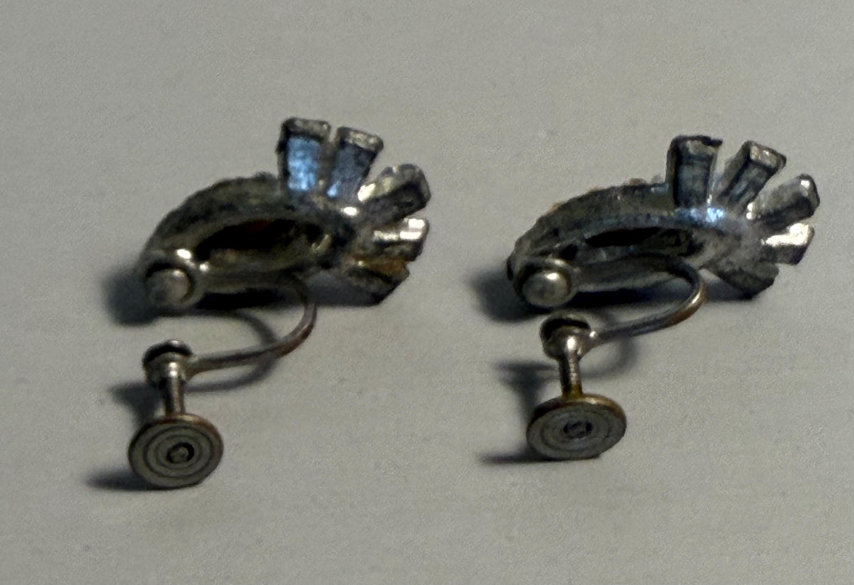 Vintage Art Deco Marquise Fan Rhinestone Screw-Back Earrings, Silver Tone