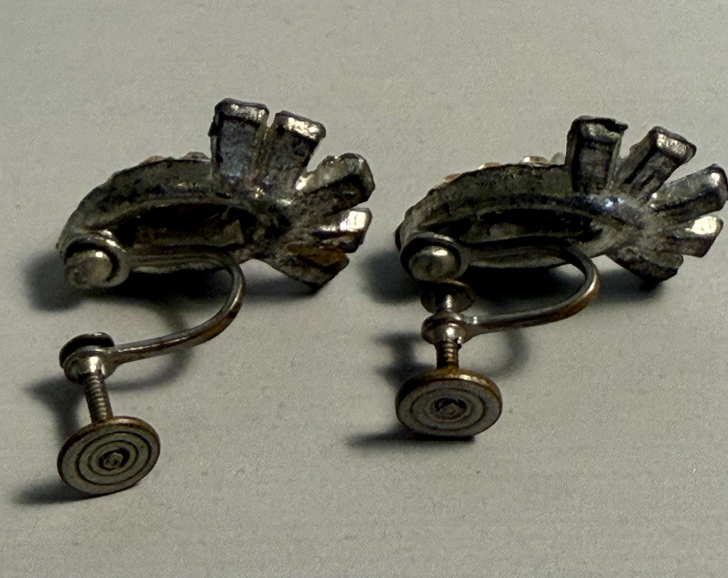 Vintage Art Deco Marquise Fan Rhinestone Screw-Back Earrings, Silver Tone