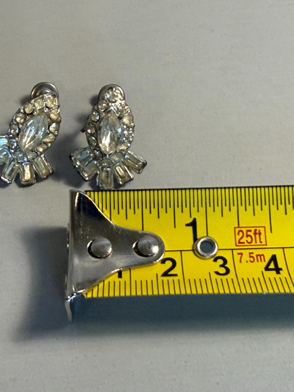 Vintage Art Deco Marquise Fan Rhinestone Screw-Back Earrings, Silver Tone