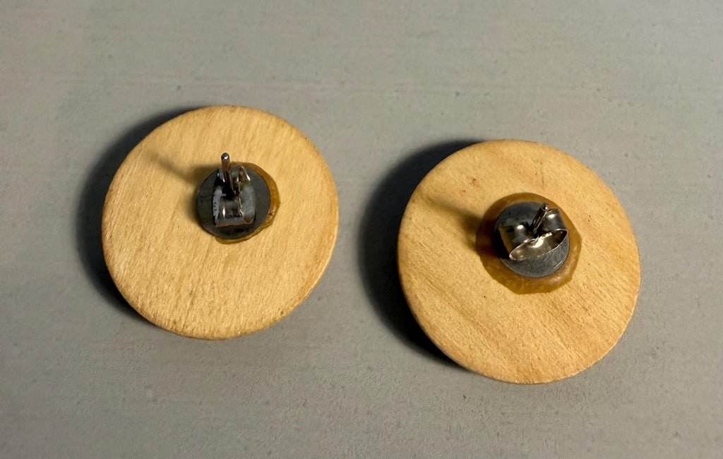 Vintage Hand-Painted Wooden Floral Stud Earrings, Yellow Flower