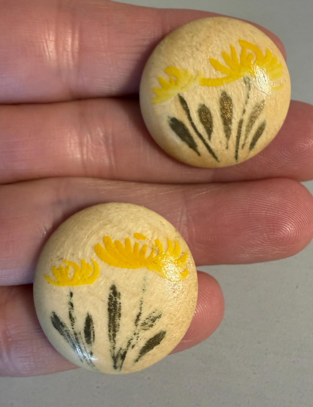 Vintage Hand-Painted Wooden Floral Stud Earrings, Yellow Flower