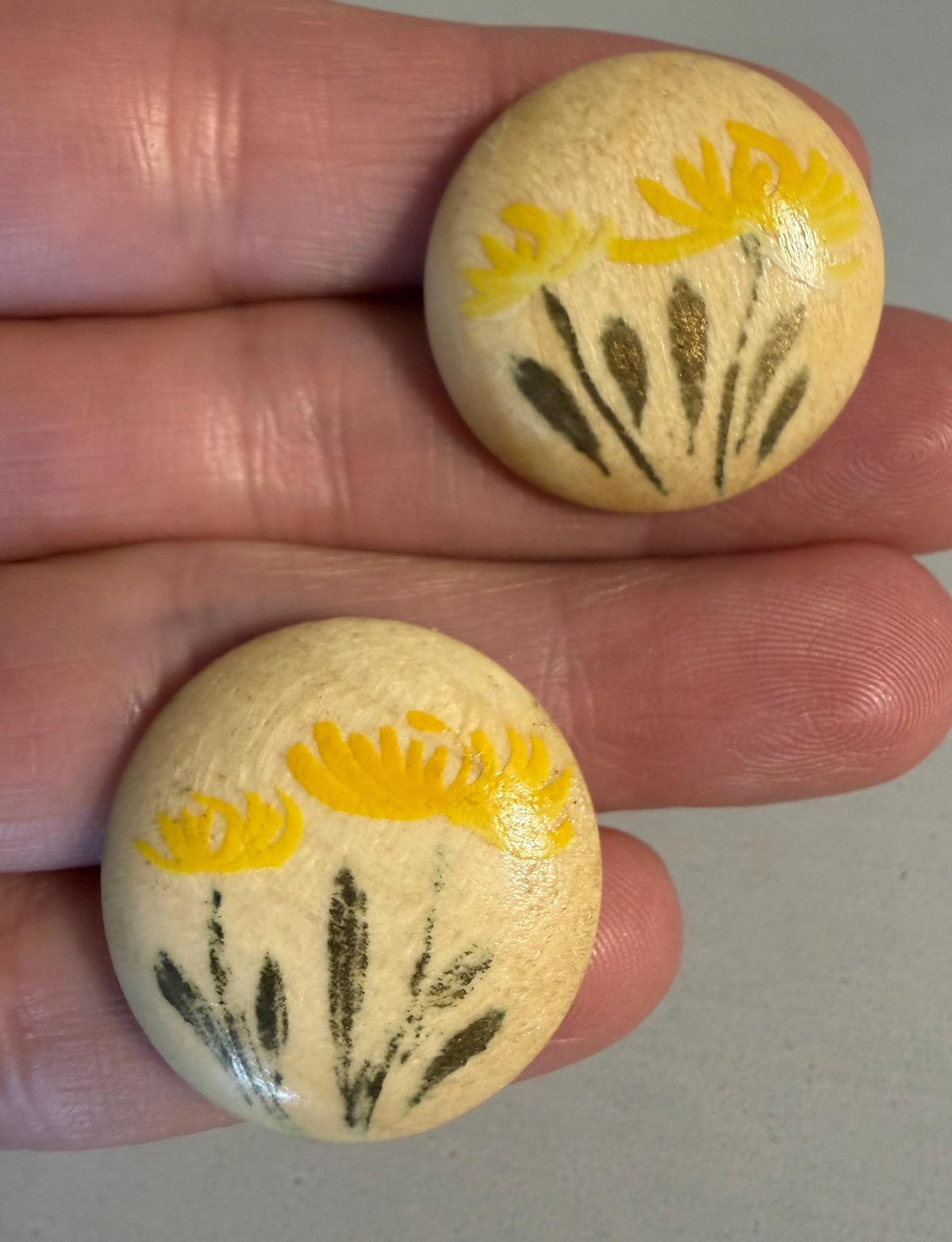 Vintage Hand-Painted Wooden Floral Stud Earrings, Yellow Flower