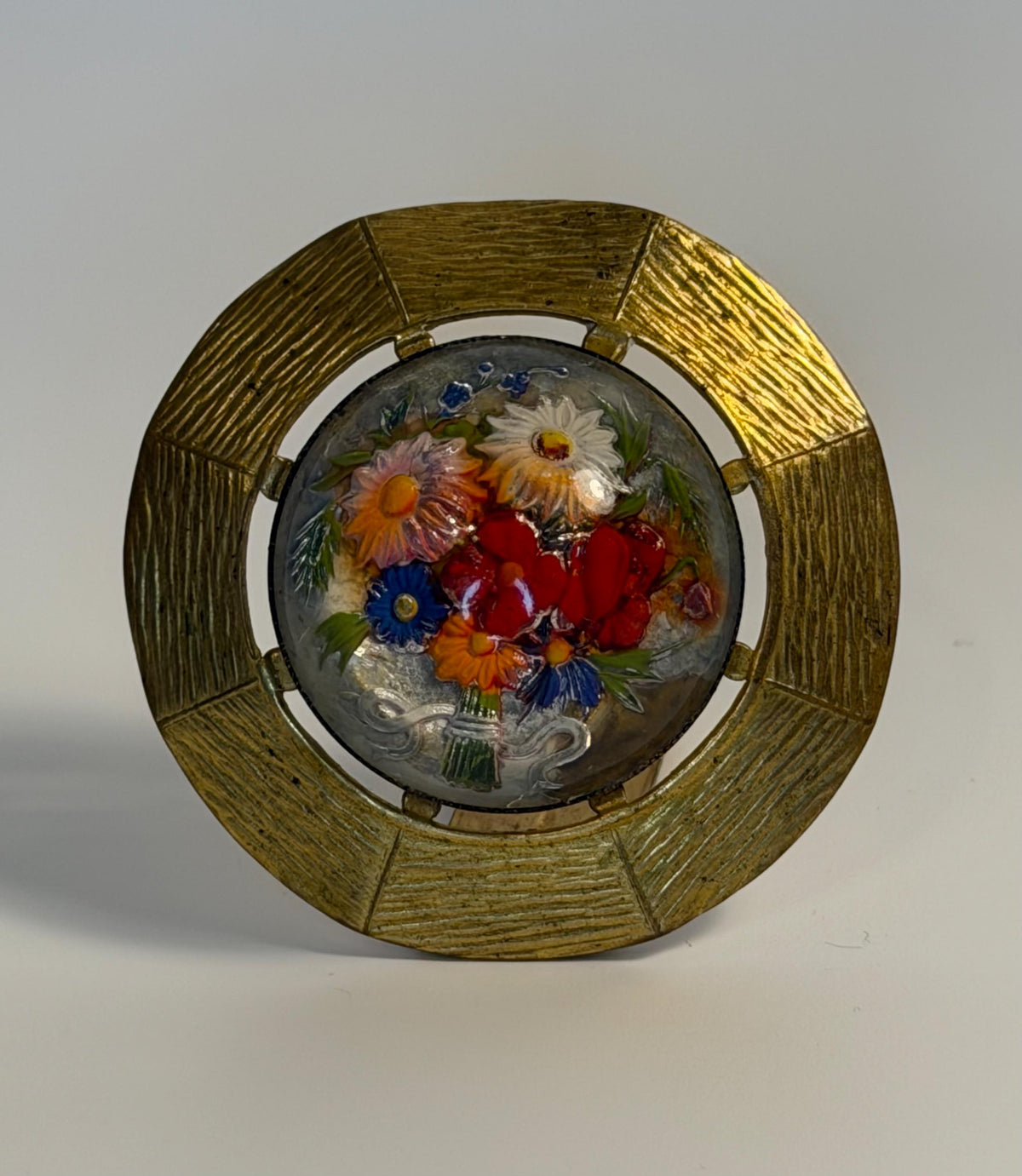Vintage French hand-painted floral art glass scarf clip