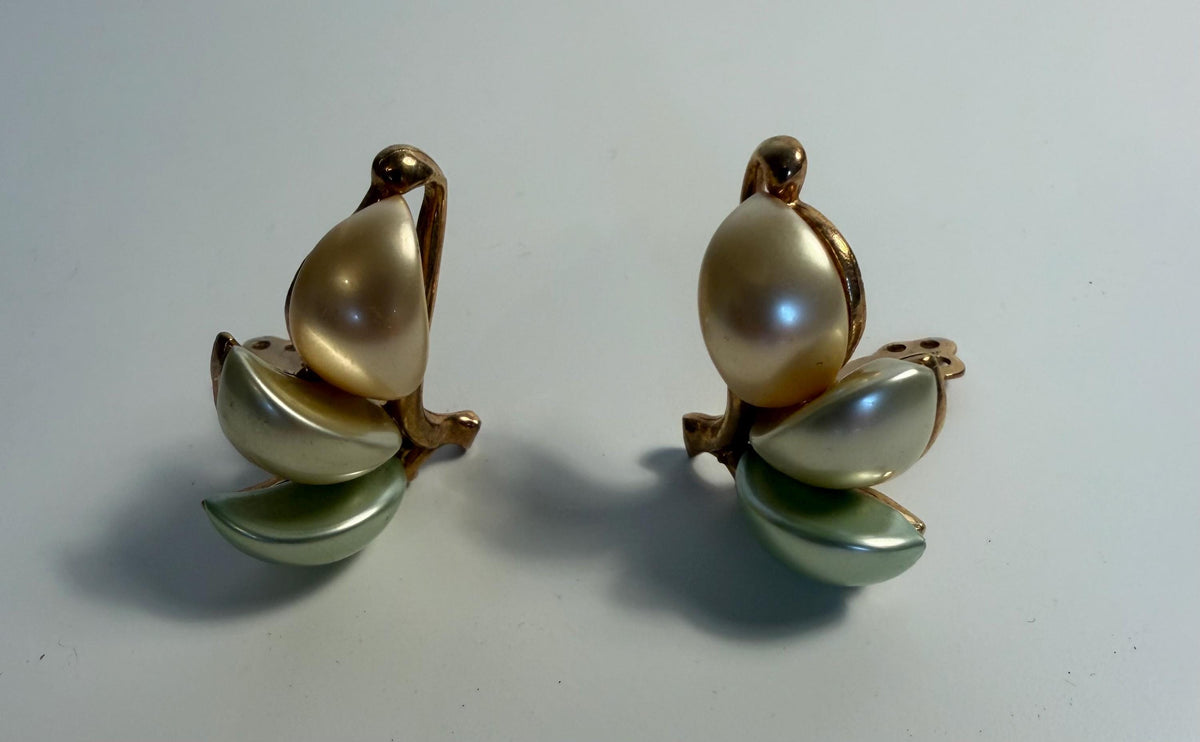 Vintage gold tone cream and green pearlescent leaf clip-on earrings