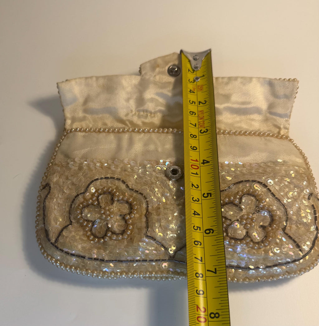 Vintage La Regale Beaded Evening Clutch, Ivory Sequin & Pearl Purse, Made in Japan
