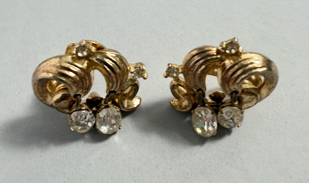 Vintage Signed Tilari Rhinestone Clip-On Earrings, Gold Tone Swirl
