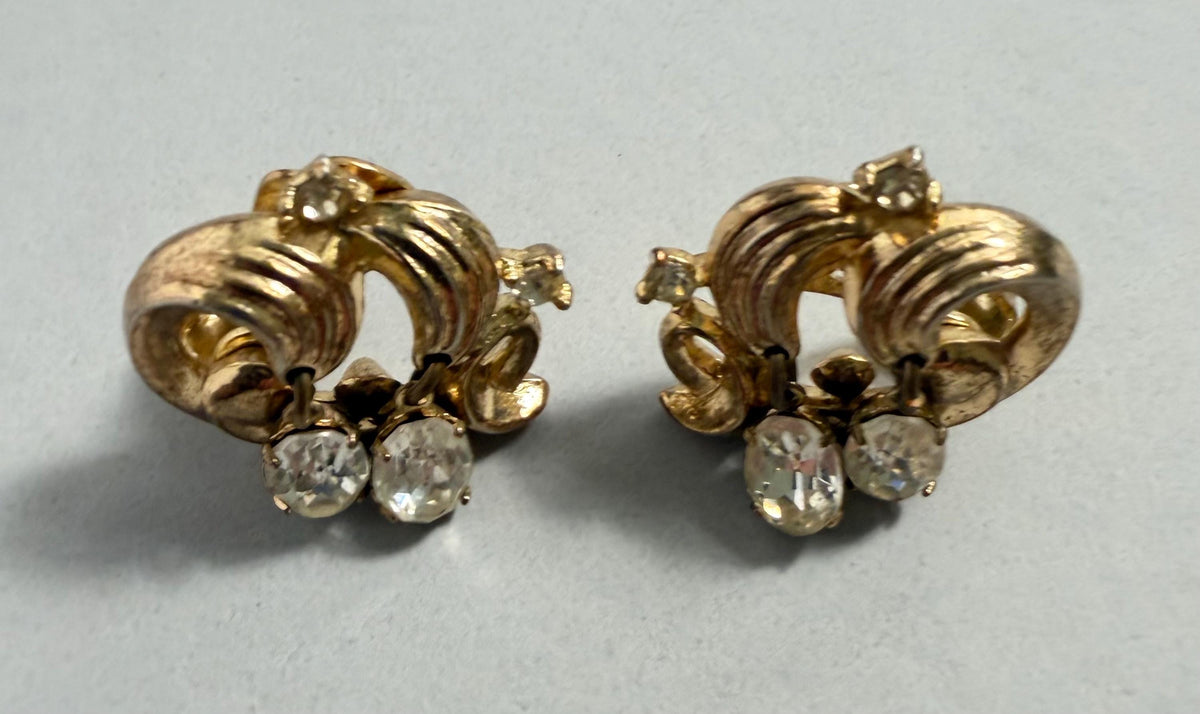 Vintage Signed Tilari Rhinestone Clip-On Earrings, Gold Tone Swirl