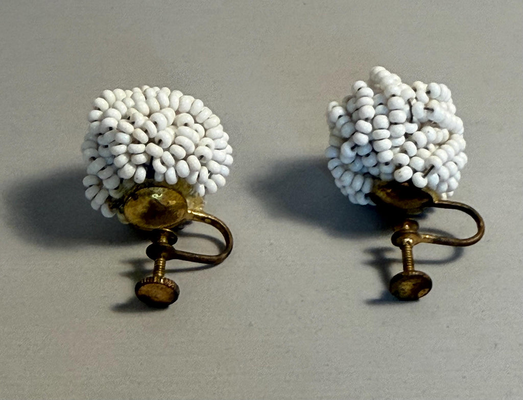 Vintage White Seed Bead Cluster Earrings, Screw-Back Clip-On
