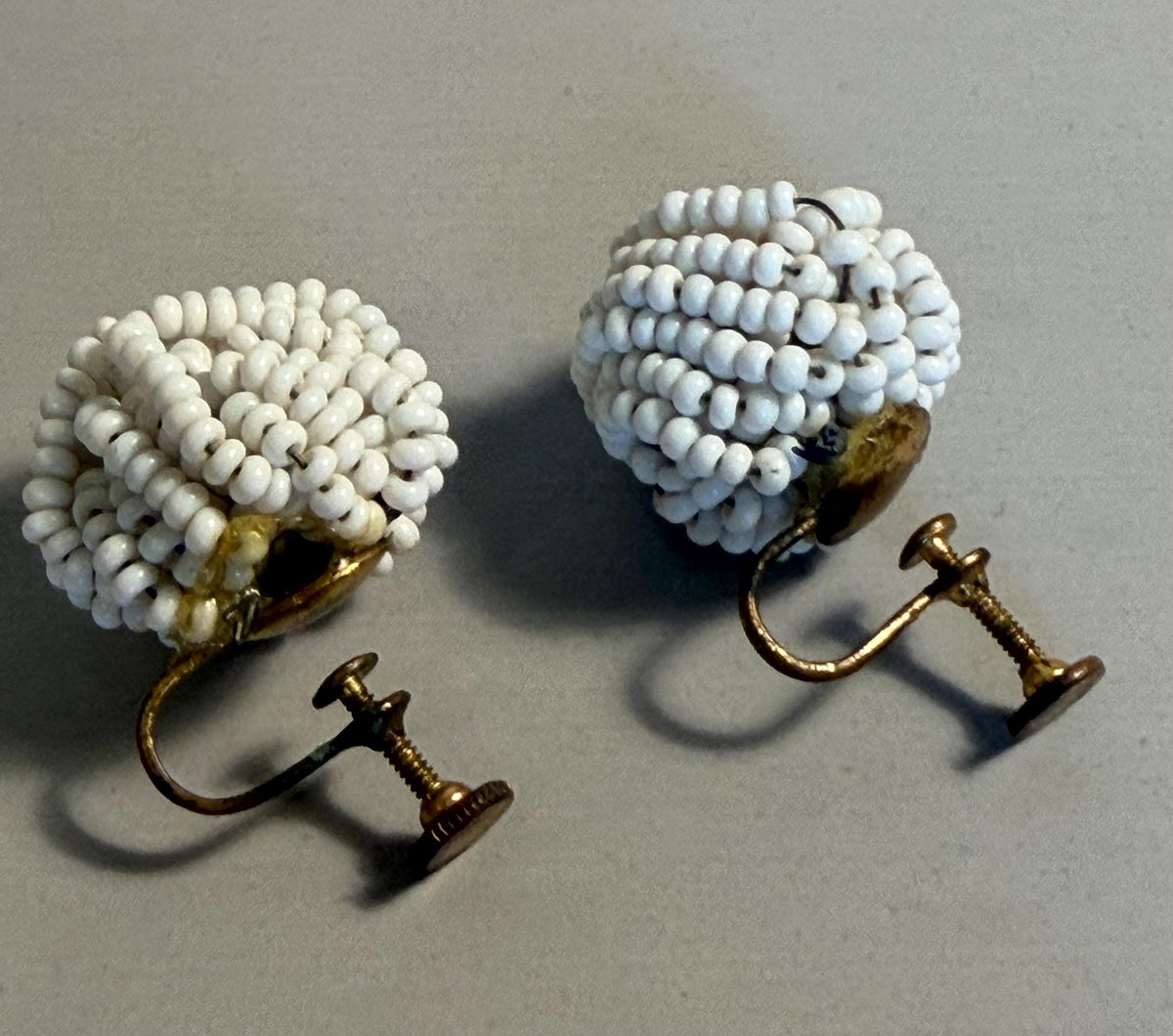 Vintage White Seed Bead Cluster Earrings, Screw-Back Clip-On