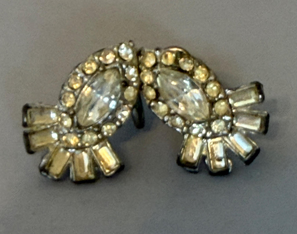Vintage Art Deco marquise fan rhinestone screw-back earrings